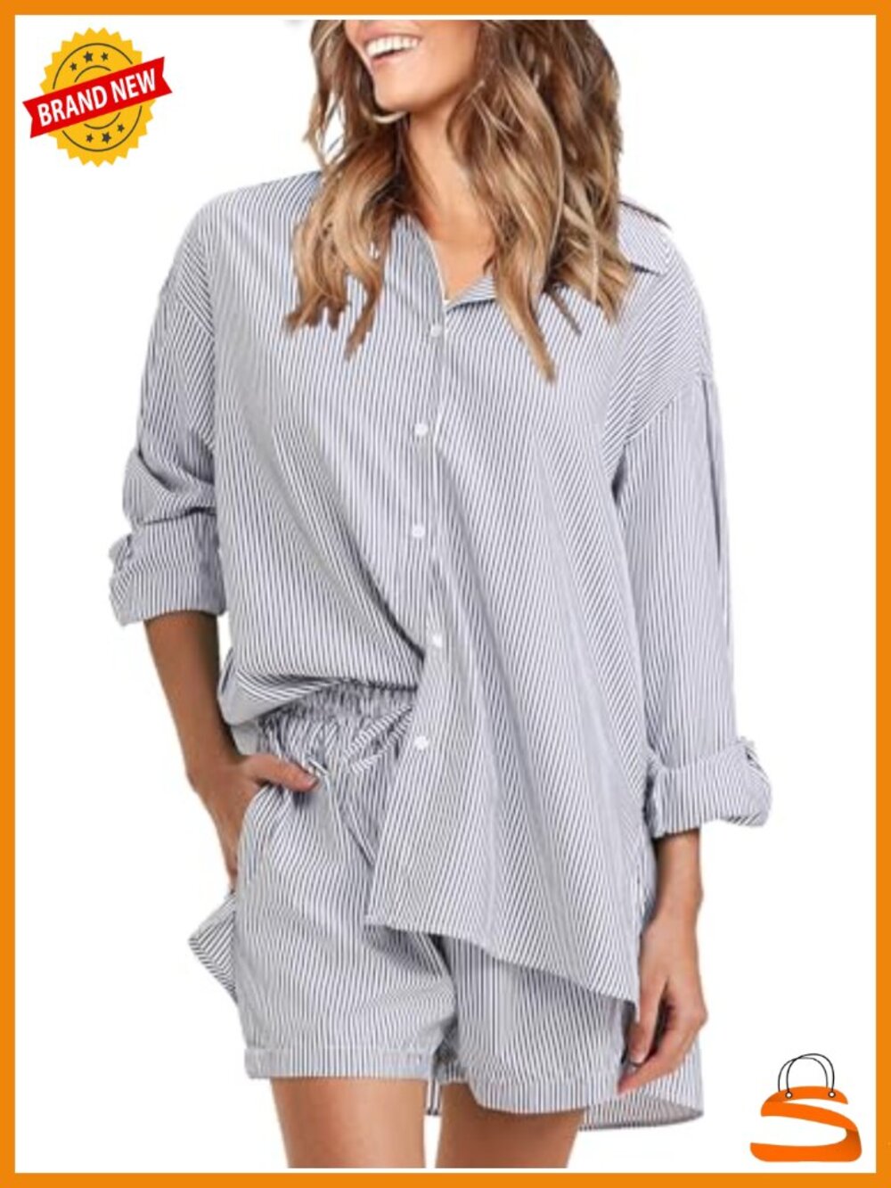 Women's 2 Piece Set Long Sleeve Button Down Shirt and Shorts